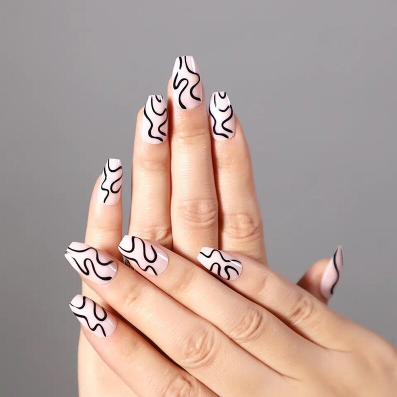 Nude Black Squiggly Line Press On Nails| Wavy Line Press On Nail| Press On| Coffin Press On Nail| Short Nail| Fake Nail| Glue On Nail