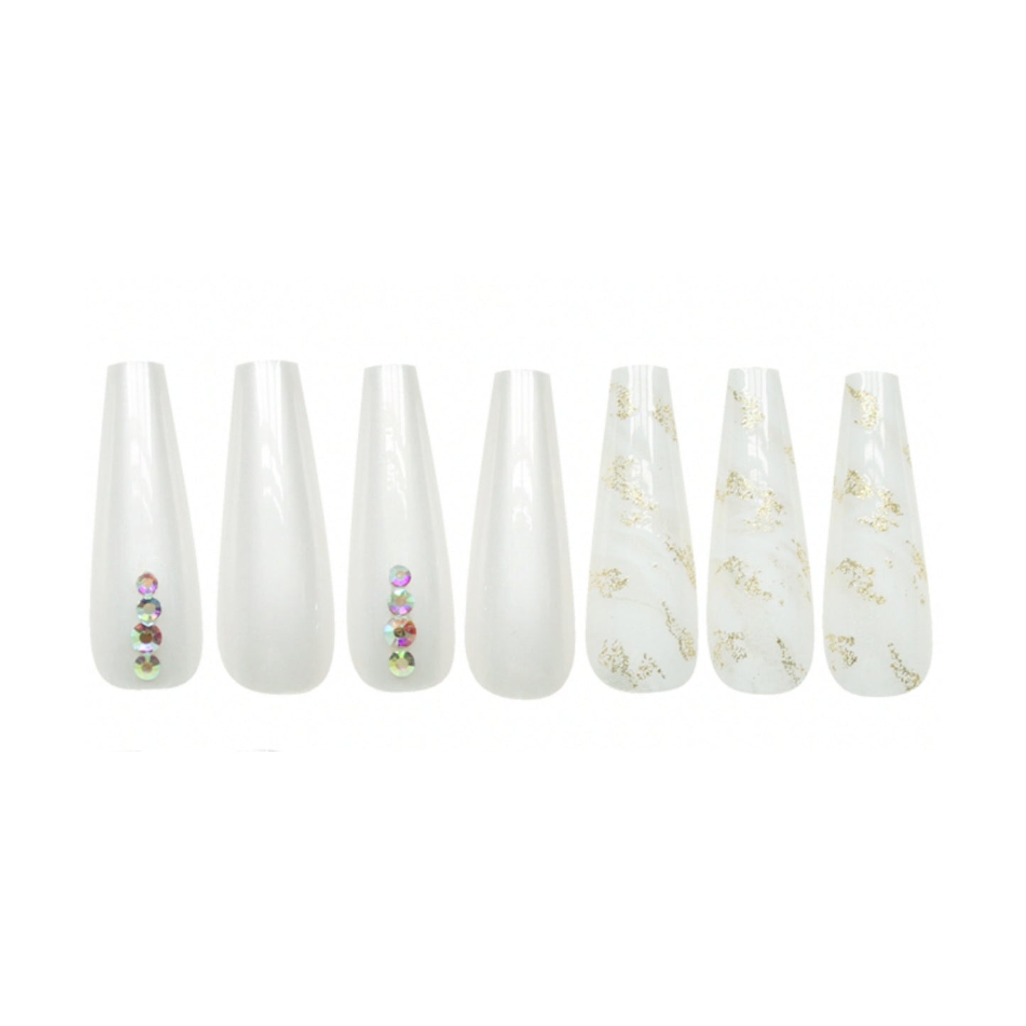 Milky White Coffin Press On Nails With Rhinestones | Marble and Gold Nails | Press On Nails | Fake Nails | False Nails| Glue On Nails