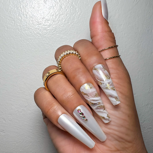 Milky White Coffin Press On Nails With Rhinestones | Marble and Gold Nails | Press On Nails | Fake Nails | False Nails| Glue On Nails