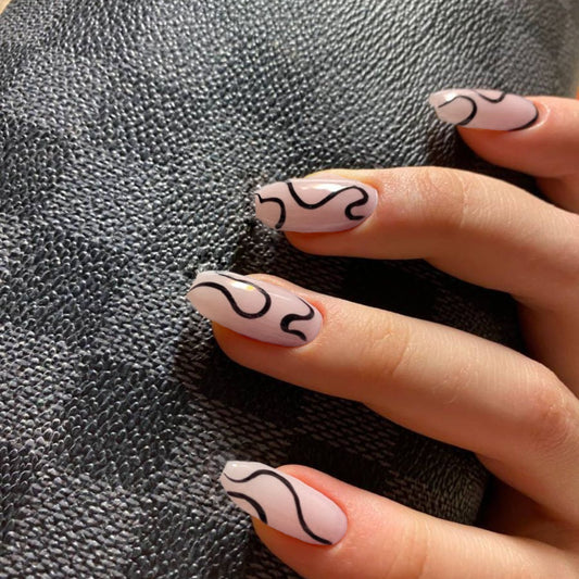 Nude Black Squiggly Line Press On Nails| Wavy Line Press On Nail| Press On| Coffin Press On Nail| Short Nail| Fake Nail| Glue On Nail