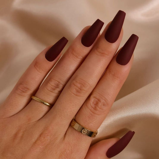 Matte Burgundy Maroon Coffin Press On Nails| Long Coffin Nails Press On| Fall Press On Nails | Glue On Nails| Fake Nails Set