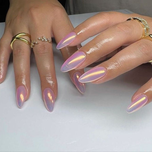 Pink Pearl Chrome Nails| Press On Nails Short| Nail Press On| Press On Nails| Fake Nail| Almond Press On Nail| Press On Nail Almond