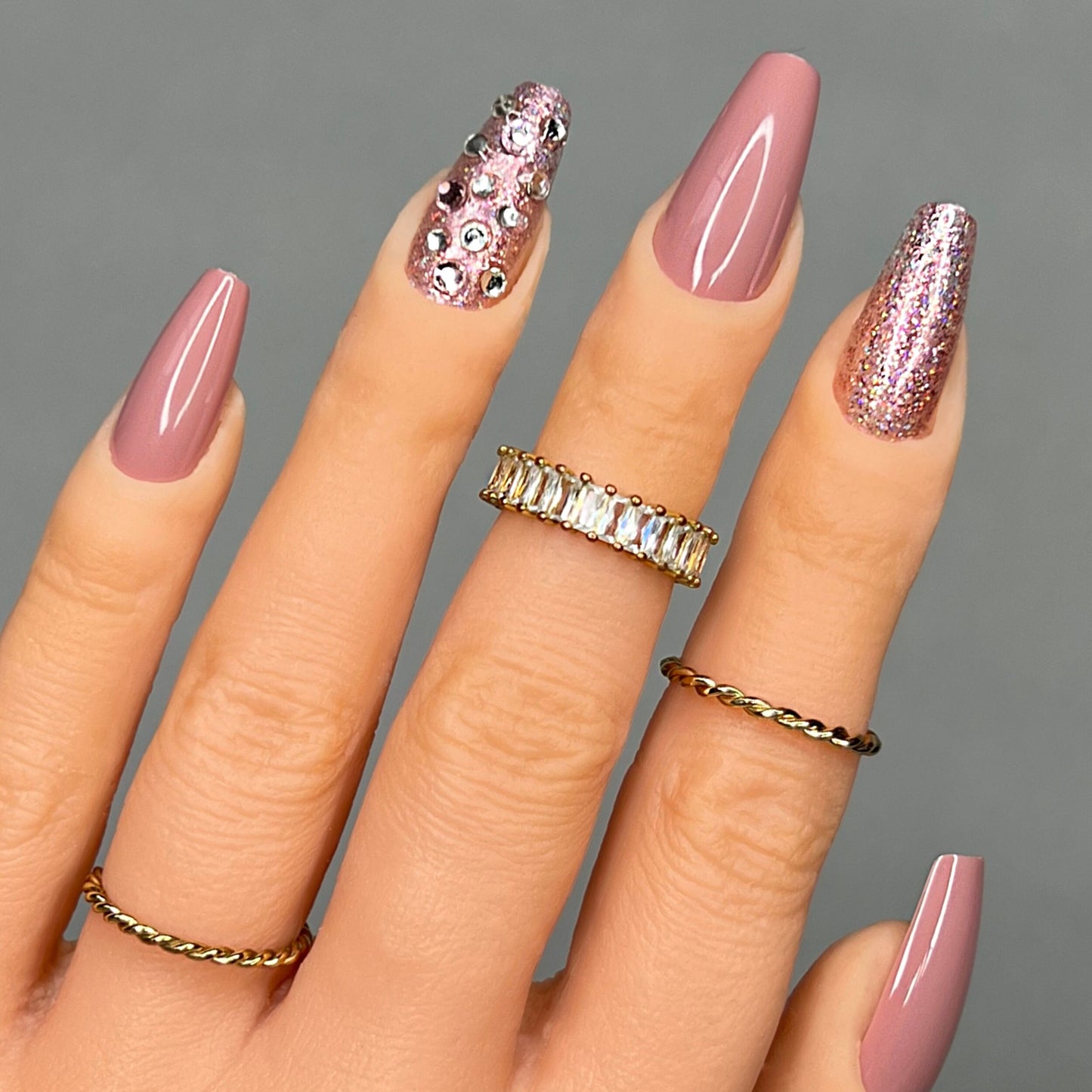 Mauve Press On Nails With Rhinestones and Glitter | Press On Nails | Fake Nails | False Nails | Glue On Nails