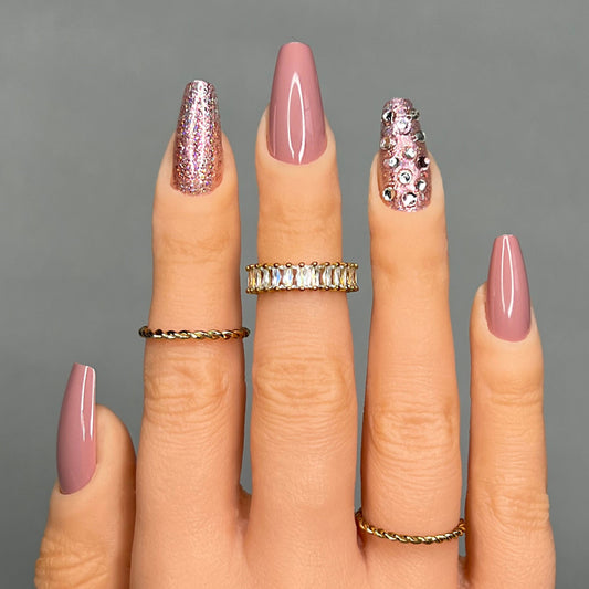 Mauve Press On Nails With Rhinestones and Glitter | Press On Nails | Fake Nails | False Nails | Glue On Nails