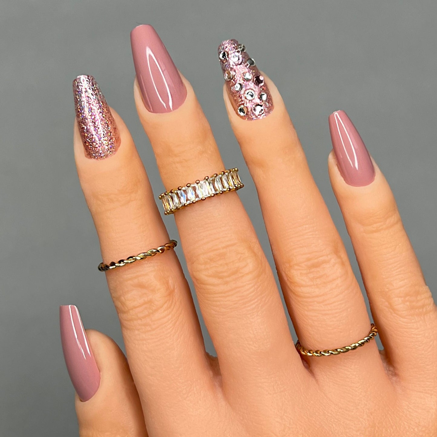 Mauve Press On Nails With Rhinestones and Glitter | Press On Nails | Fake Nails | False Nails | Glue On Nails