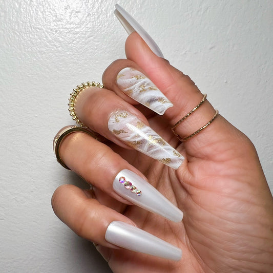 Milky White Coffin Press On Nails With Rhinestones | Marble and Gold Nails | Press On Nails | Fake Nails | False Nails| Glue On Nails