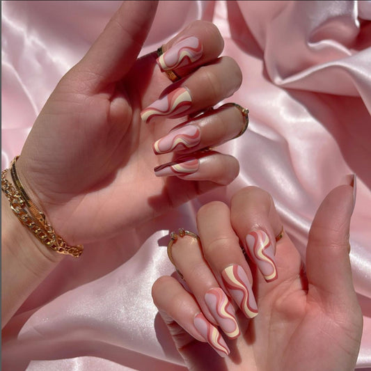 Matte Pink Brown Swirl Coffin Press On Nail| Nails with Design| Press On Nail| Glue On Nail| Manicure Set| Nail Press On|Fake Nail Set