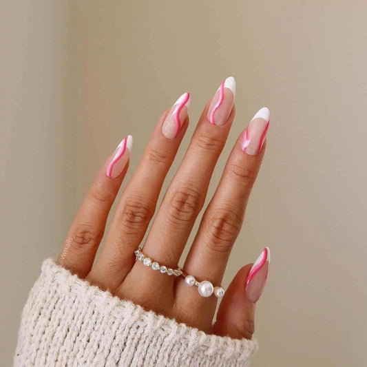 White French Tip with Red and Pink Swirl Almond Press On Nails| Press On Nails Short| French Press On Nails| Nails With Designs Short