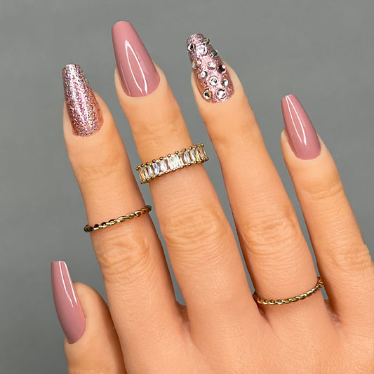 Mauve Press On Nails With Rhinestones and Glitter | Press On Nails | Fake Nails | False Nails | Glue On Nails